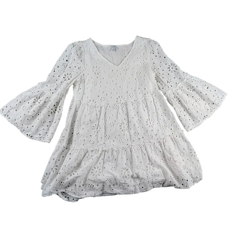 Mud Pie Women's Medium Eyelet White Mini Dress Tunic Top Boho Cowgirl Festival - Picture 1 of 8